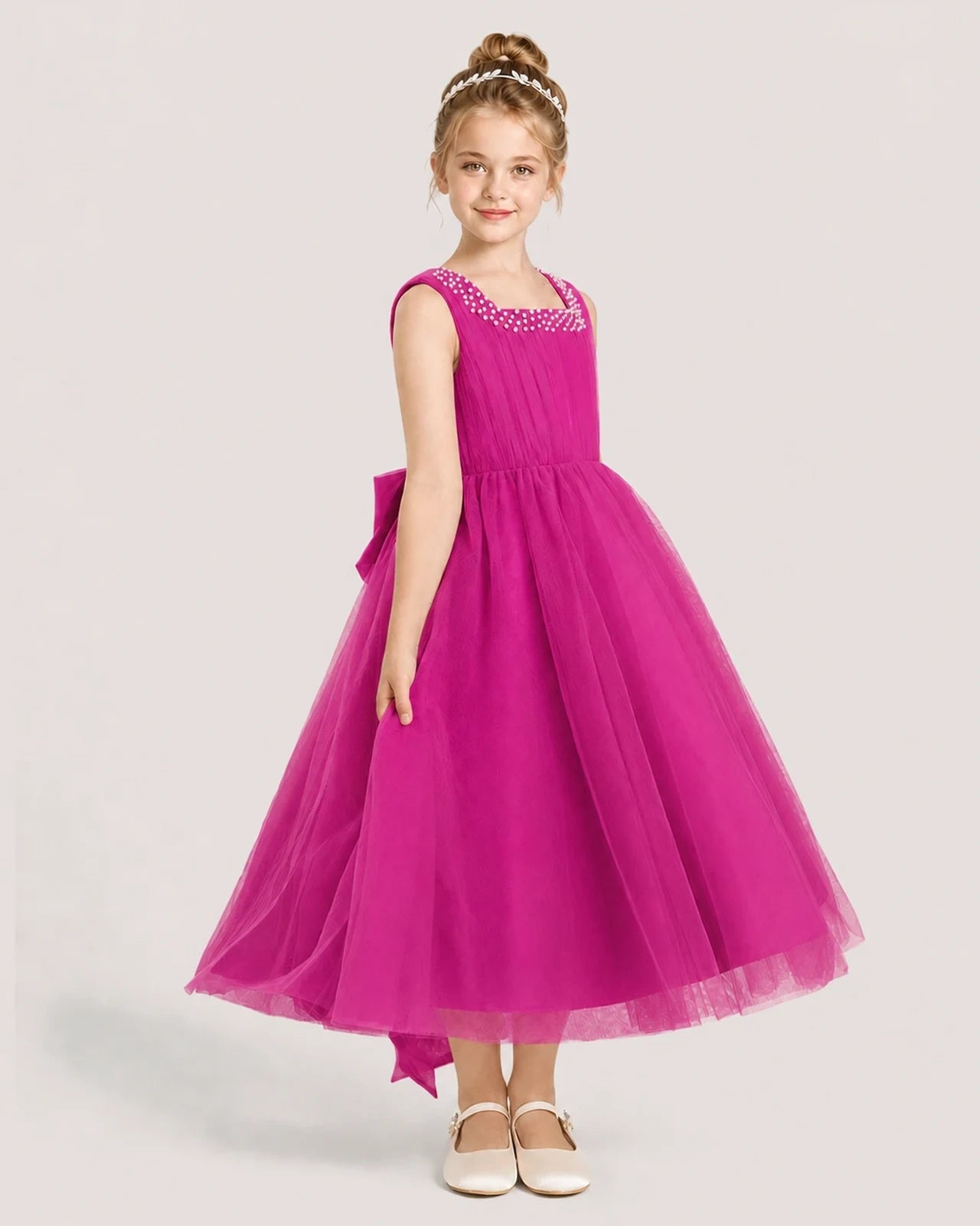 Hotpink Tulle A-line Girls Formal Dress Side View