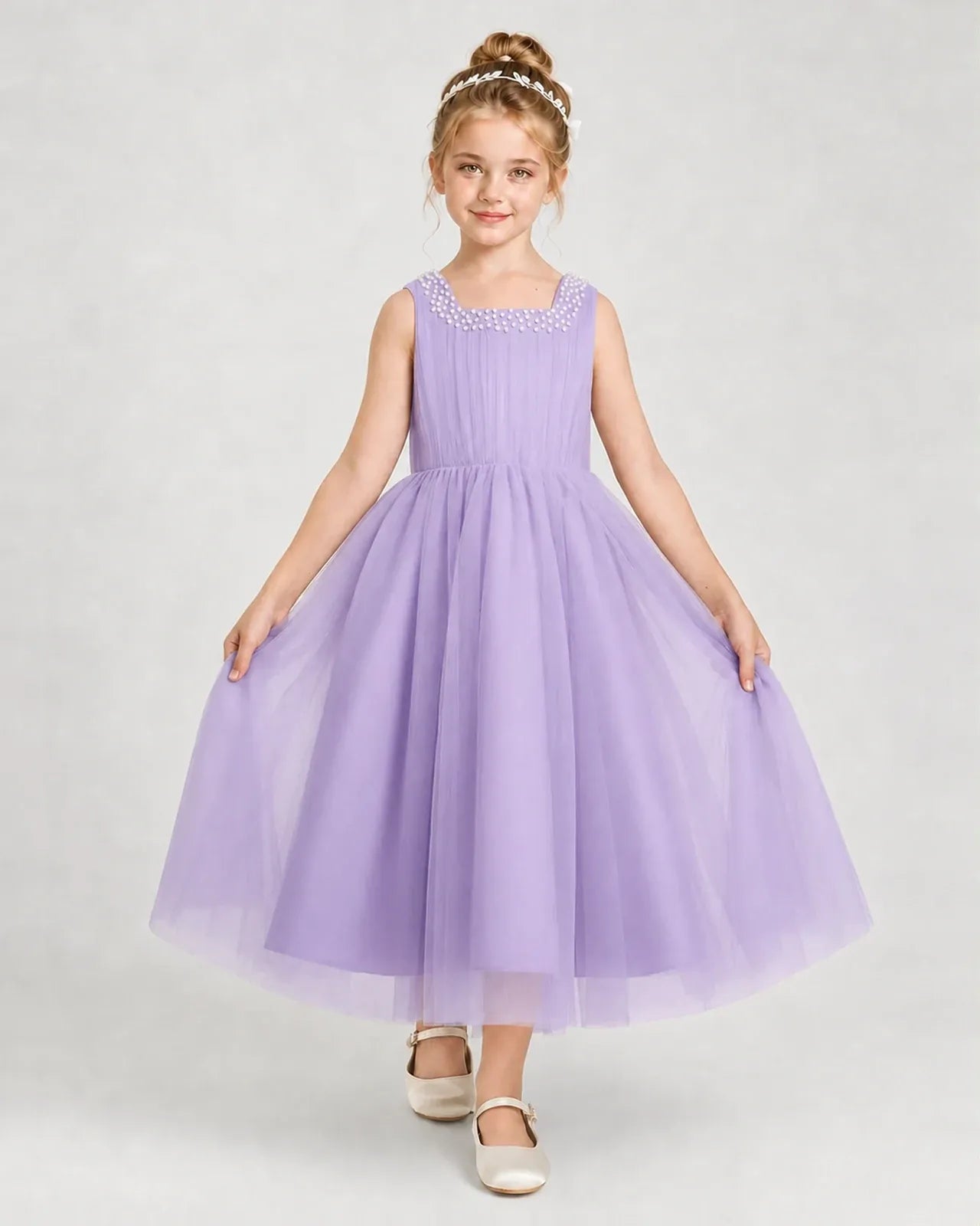 Lilac Tulle A-line Girls Formal Dress Front View