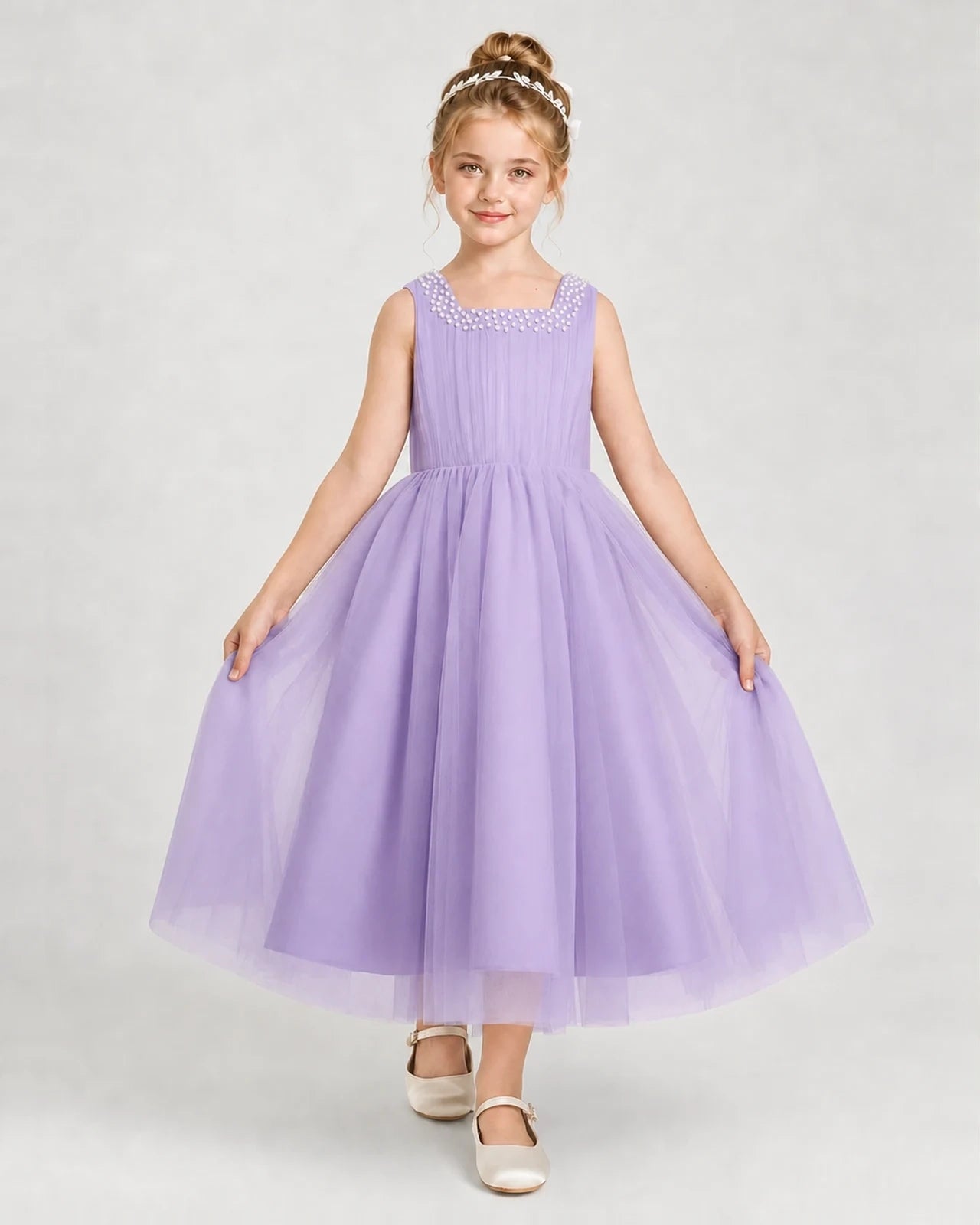 Lilac Tulle A-line Girls Formal Dress Front View
