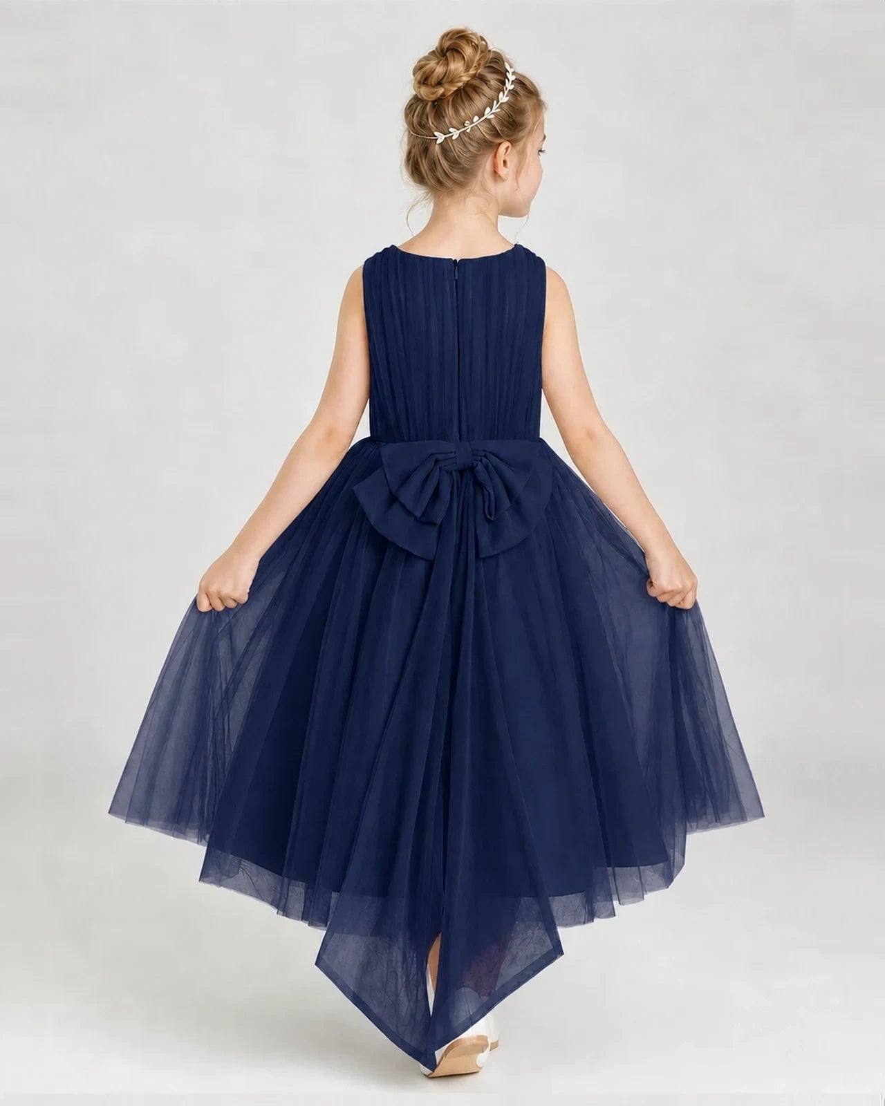 Navyblue Tulle A-line Girls Formal Dress Back View