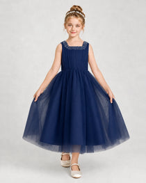 Navyblue Tulle A-line Girls Formal Dress Front View