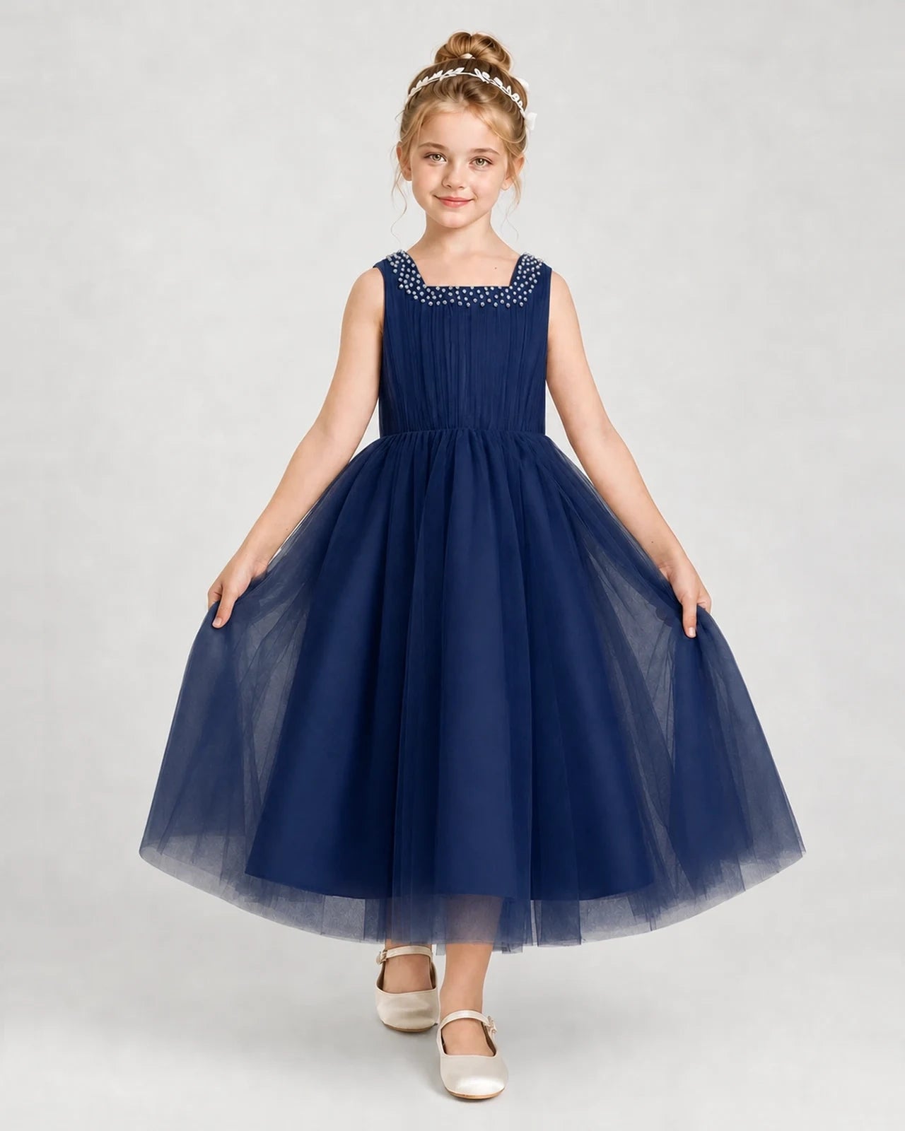 Navyblue Tulle A-line Girls Formal Dress Front View