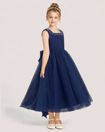 Navyblue Tulle A-line Girls Formal Dress Side View