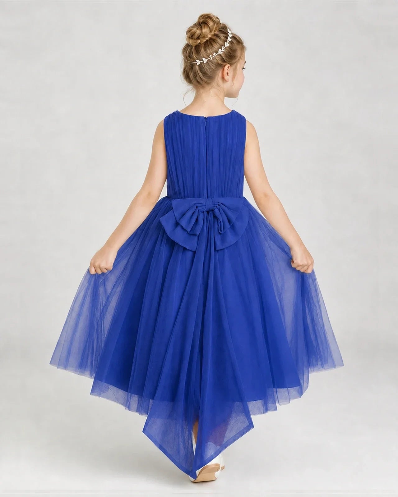 Royalblue Tulle A-line Girls Formal Dress Back View