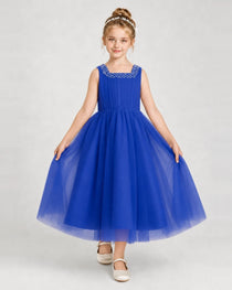 Royalblue Tulle A-line Girls Formal Dress Front View