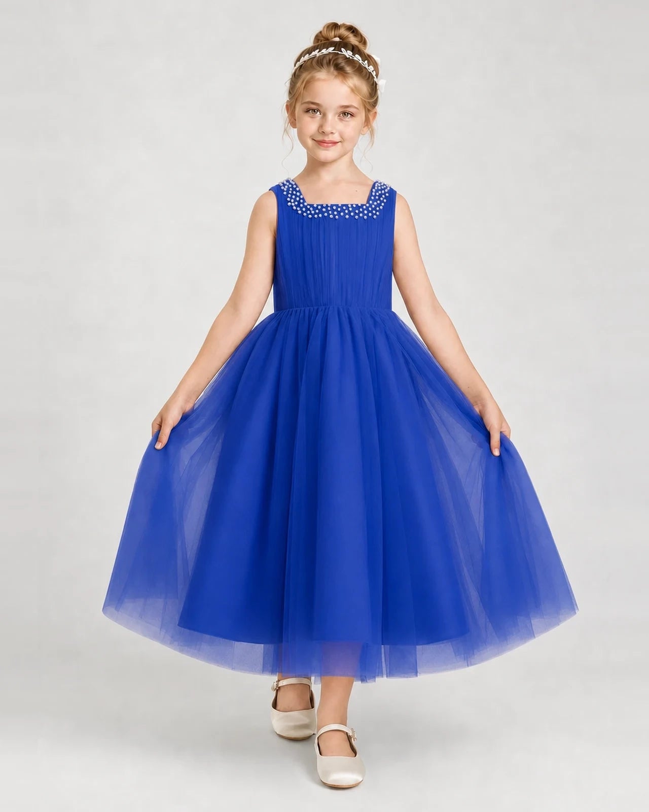 Royalblue Tulle A-line Girls Formal Dress Front View