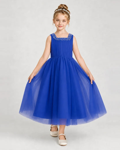 Royalblue Tulle A-line Girls Formal Dress Front View