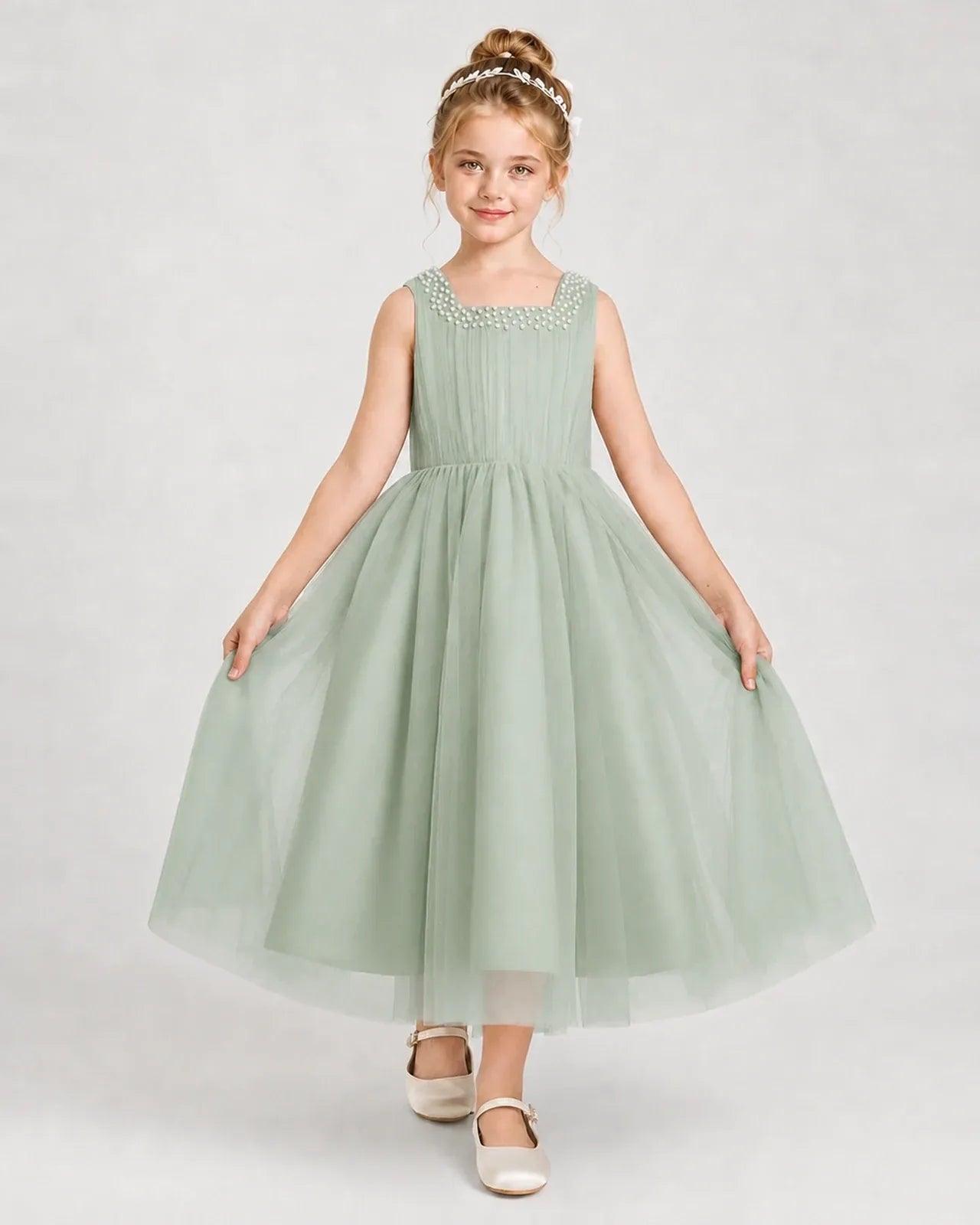 Sagegreen Tulle A-line Girls Formal Dress Front View