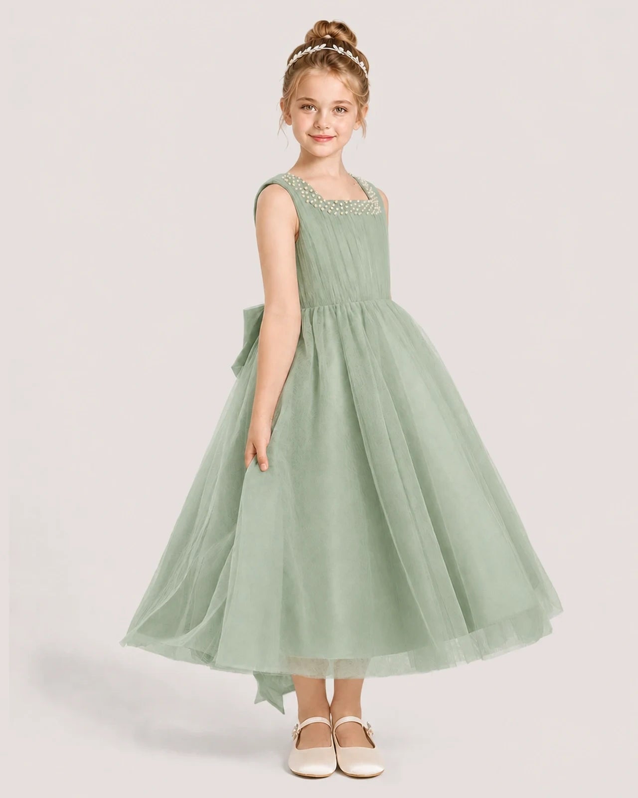 Sagegreen Tulle A-line Girls Formal Dress Side View