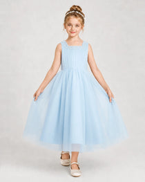 Dideyttawl Girls Formal Dress Pearl Neck Bow Back Asymmetrical Tulle Dress