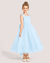Dideyttawl Girls Formal Dress Pearl Neck Bow Back Asymmetrical Tulle Dress