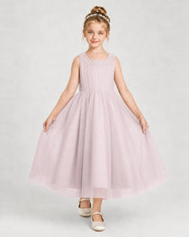 Dideyttawl Girls Formal Dress Pearl Neck Bow Back Asymmetrical Tulle Dress