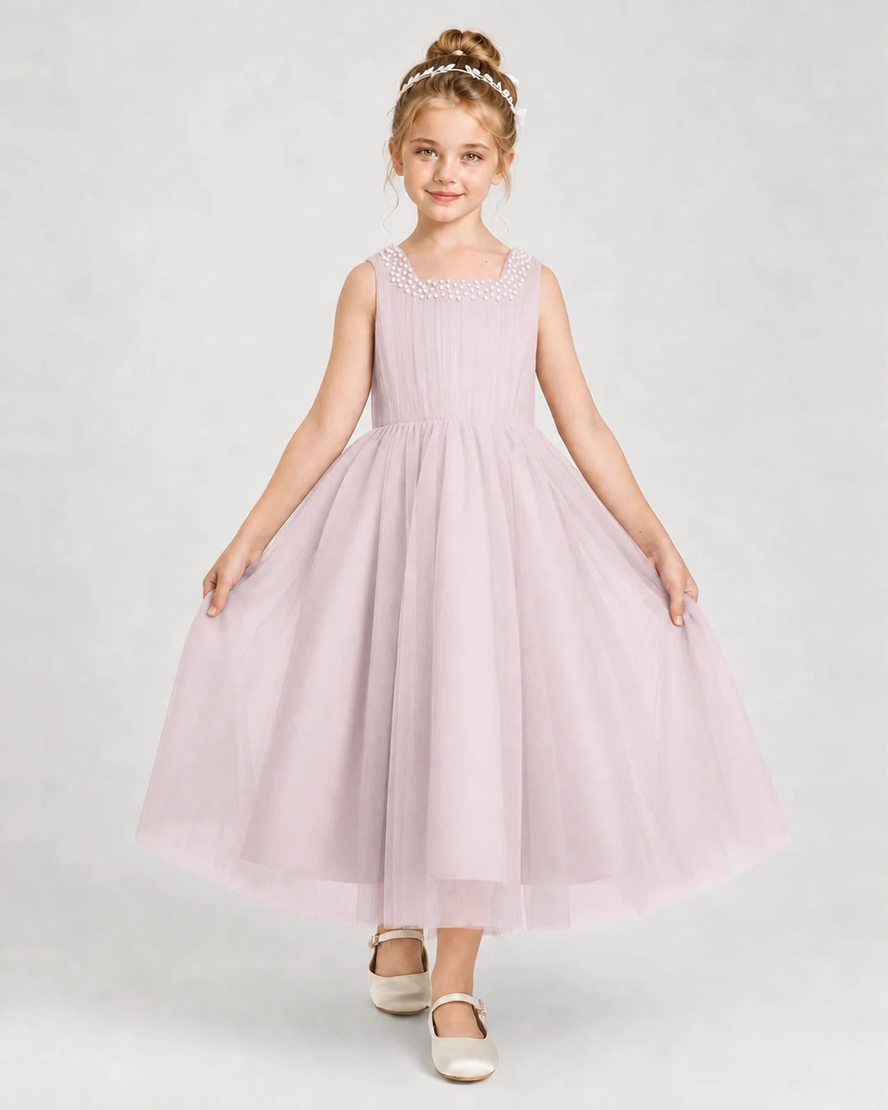 Dideyttawl Girls Formal Dress Pearl Neck Bow Back Asymmetrical Tulle Dress