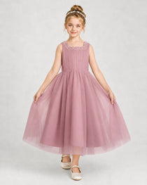 Dideyttawl Girls Formal Dress Pearl Neck Bow Back Asymmetrical Tulle Dress