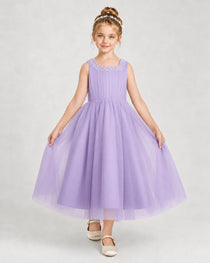 Dideyttawl Girls Formal Dress Pearl Neck Bow Back Asymmetrical Tulle Dress