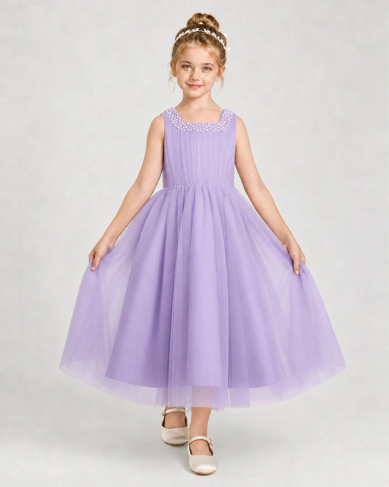Dideyttawl Girls Formal Dress Pearl Neck Bow Back Asymmetrical Tulle Dress