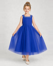 Dideyttawl Girls Formal Dress Pearl Neck Bow Back Asymmetrical Tulle Dress