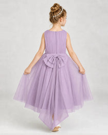 Dideyttawl Girls Formal Dress Pearl Neck Bow Back Asymmetrical Tulle Dress