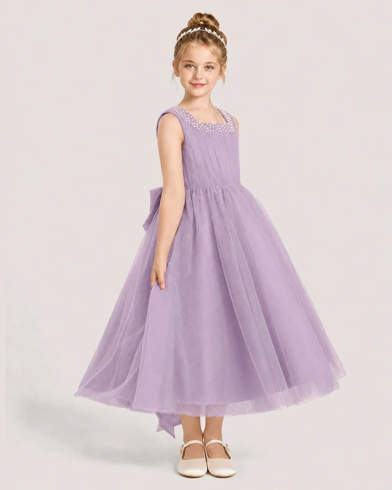 Dideyttawl Girls Formal Dress Pearl Neck Bow Back Asymmetrical Tulle Dress