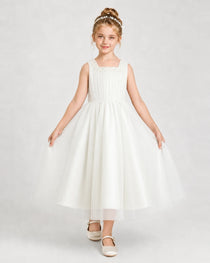 Dideyttawl Girls Formal Dress Pearl Neck Bow Back Asymmetrical Tulle Dress
