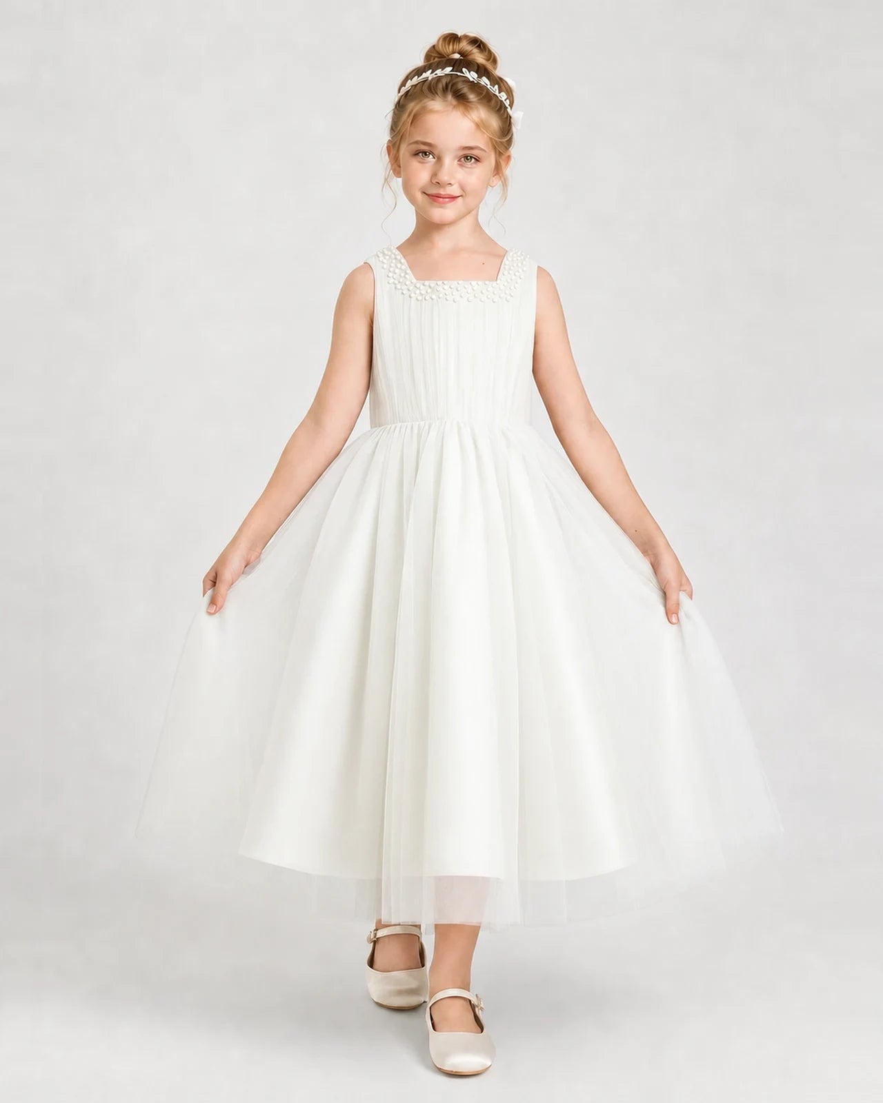 Dideyttawl Girls Formal Dress Pearl Neck Bow Back Asymmetrical Tulle Dress