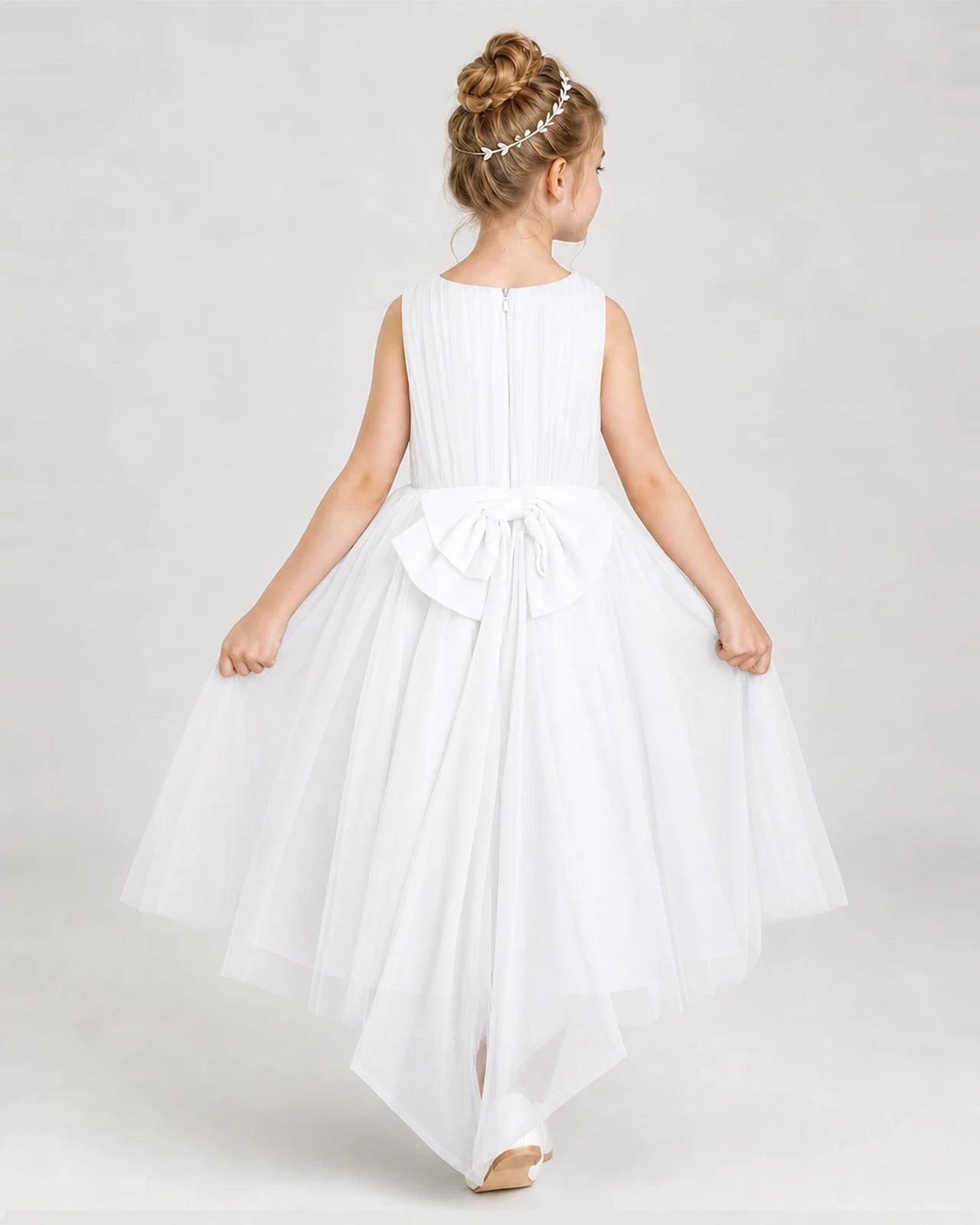 white Tulle A-line Girls Formal Dress Back View