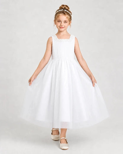 white Tulle A-line Girls Formal Dress Front View