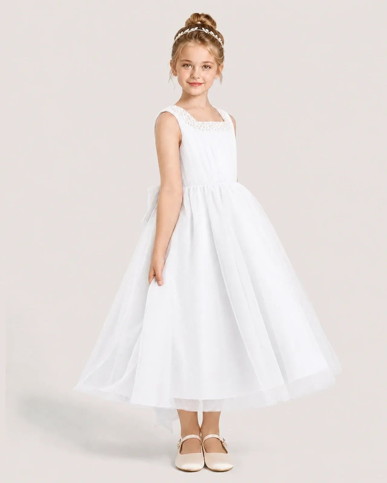 white Tulle A-line Girls Formal Dress Side View