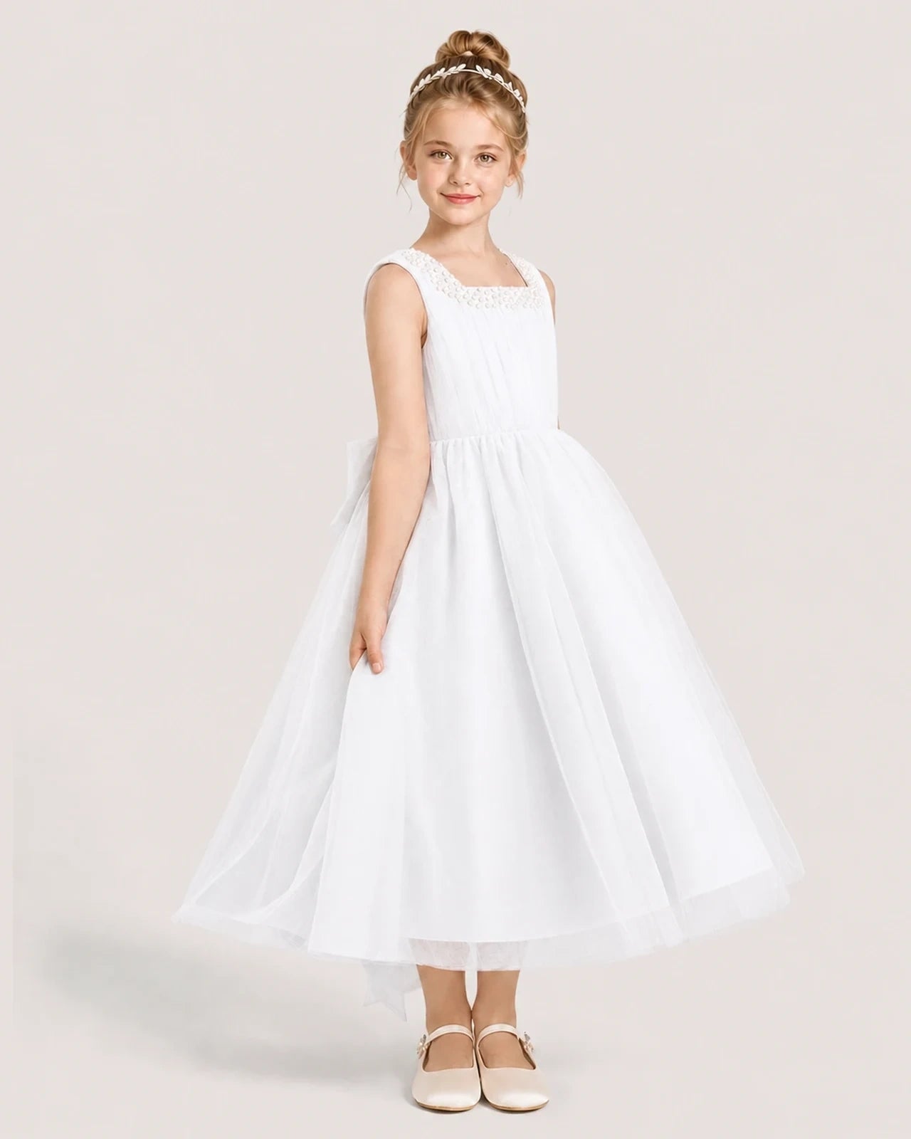 white Tulle A-line Girls Formal Dress Side View