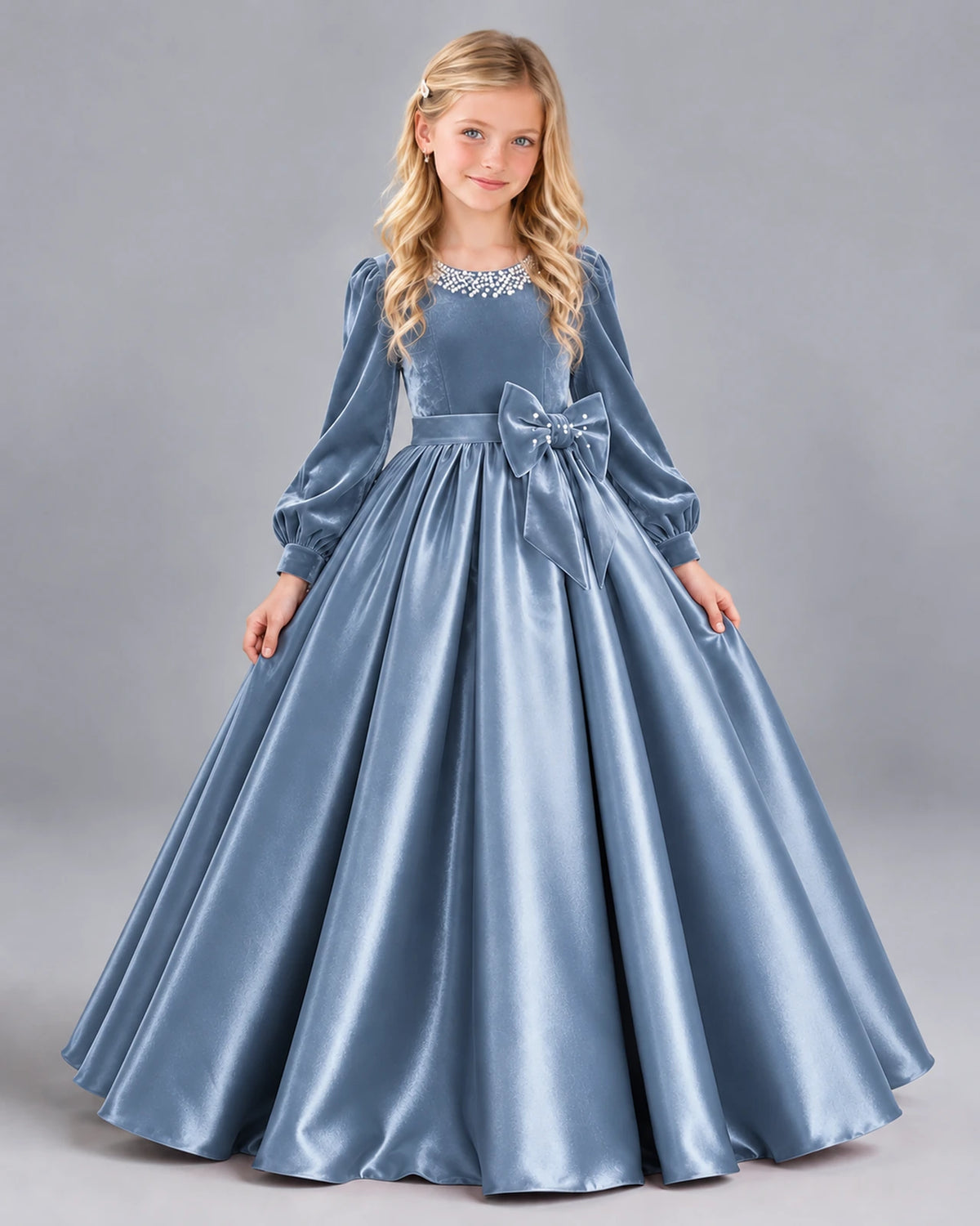 Dusty Blue Ball Gown Girls Formal Dress Front