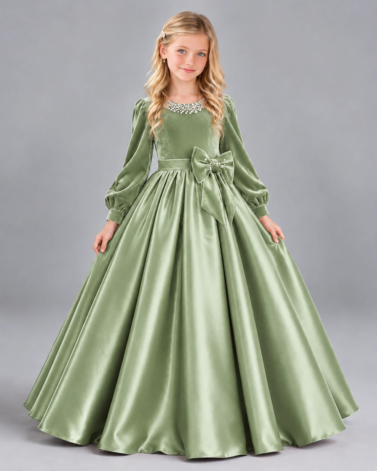 Sage Green Ball Gown Girls Formal Dress Front