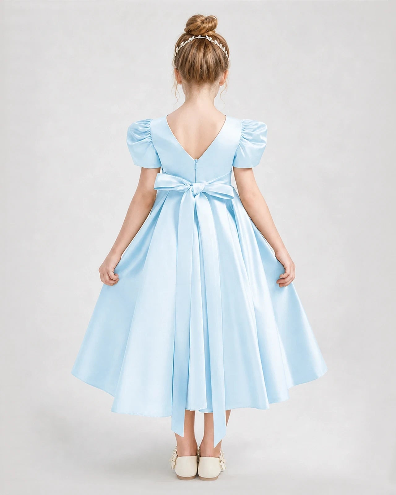 Dideyttawl Embroidered Satin Girl Formal Dress with Puff Sleeves