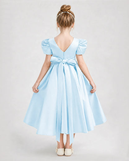Dideyttawl Embroidered Satin Girl Formal Dress with Puff Sleeves