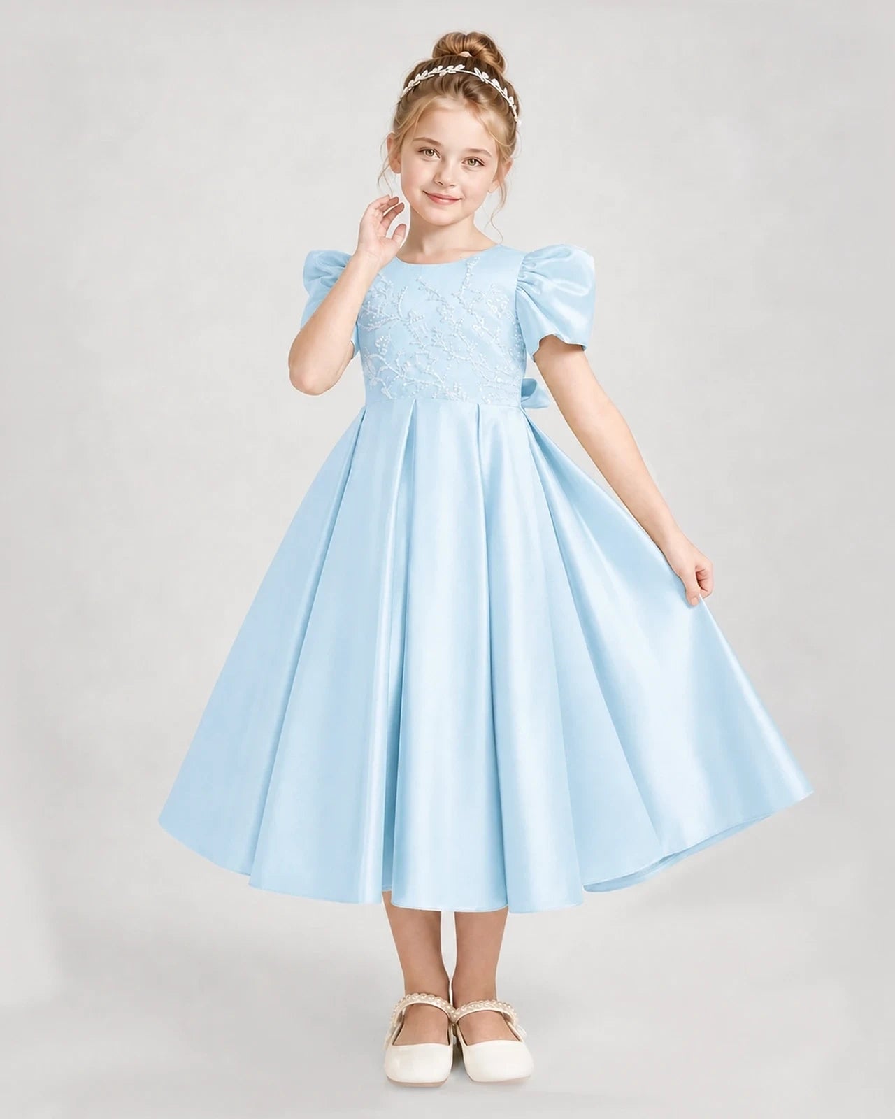 Dideyttawl Embroidered Satin Girl Formal Dress with Puff Sleeves