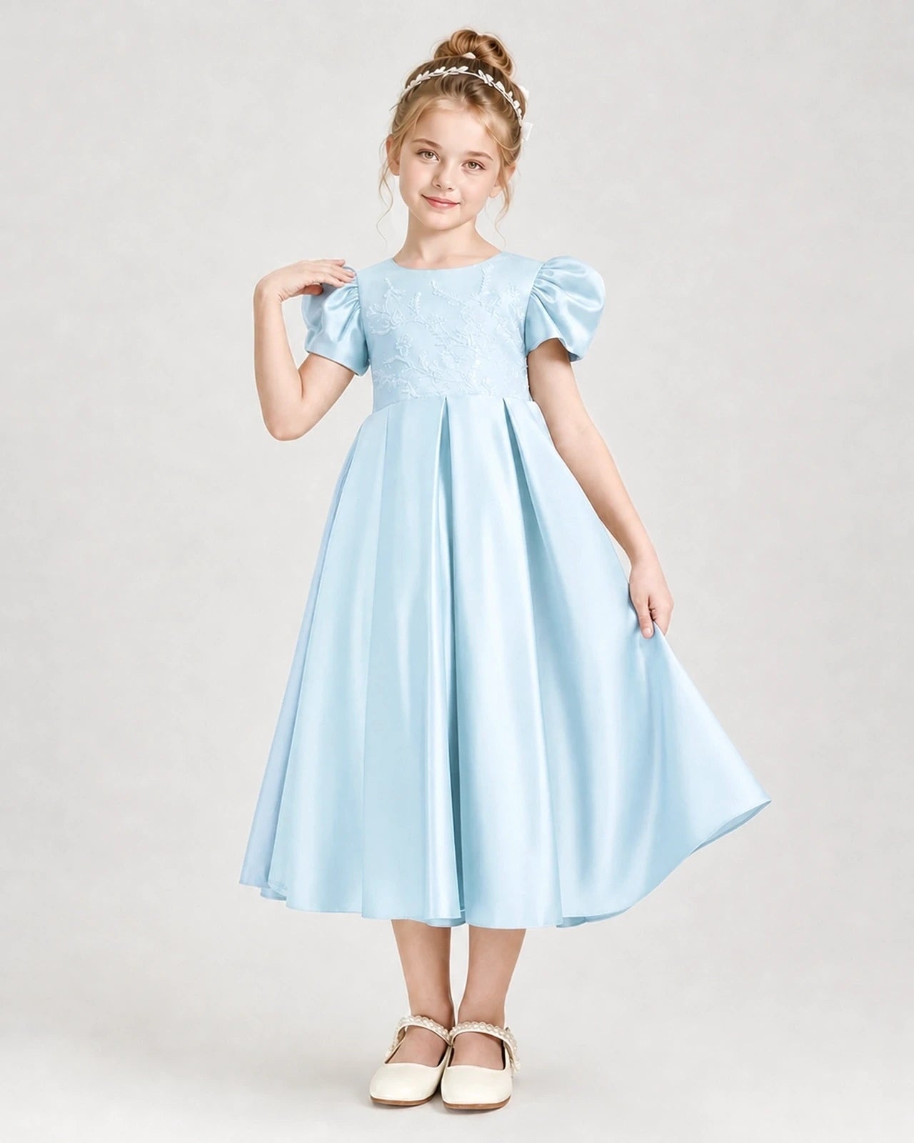 Dideyttawl Embroidered Satin Girl Formal Dress with Puff Sleeves