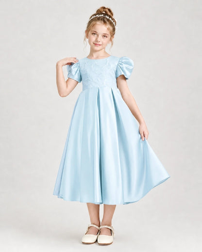 Dideyttawl Embroidered Satin Girl Formal Dress with Puff Sleeves