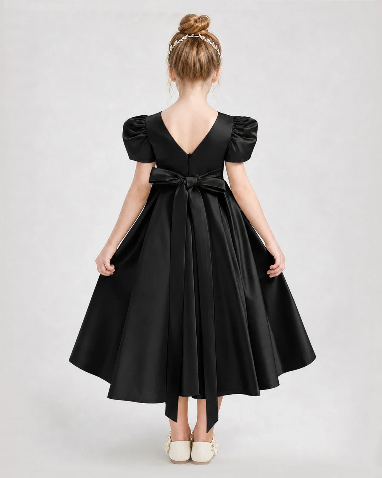 Dideyttawl Embroidered Satin Girl Formal Dress with Puff Sleeves