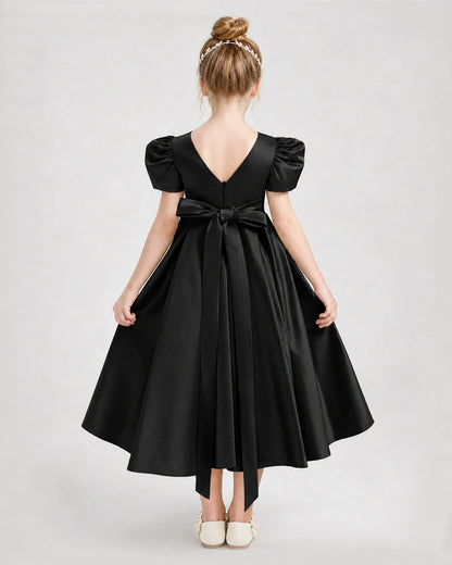 Dideyttawl Embroidered Satin Girl Formal Dress with Puff Sleeves