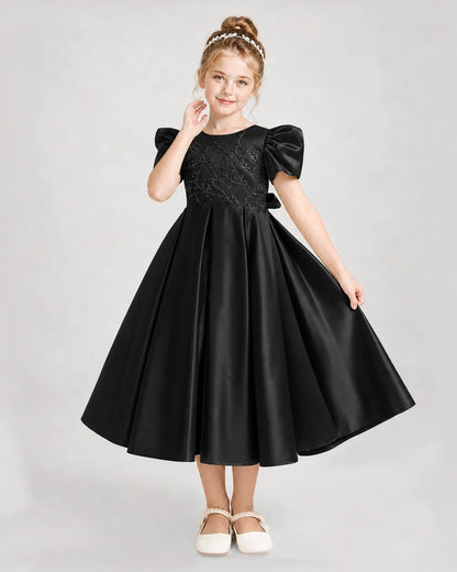 Dideyttawl Embroidered Satin Girl Formal Dress with Puff Sleeves