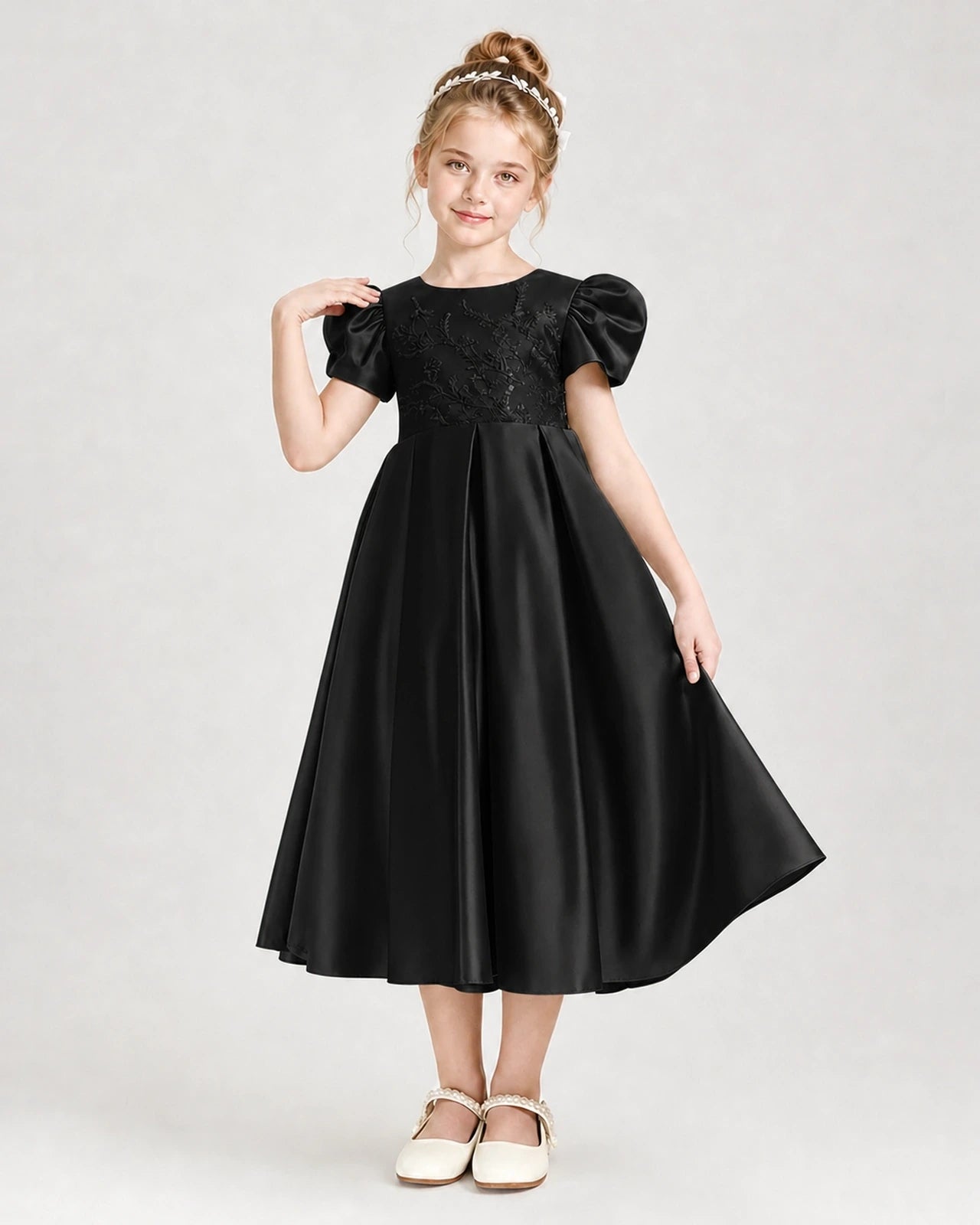 Dideyttawl Embroidered Satin Girl Formal Dress with Puff Sleeves