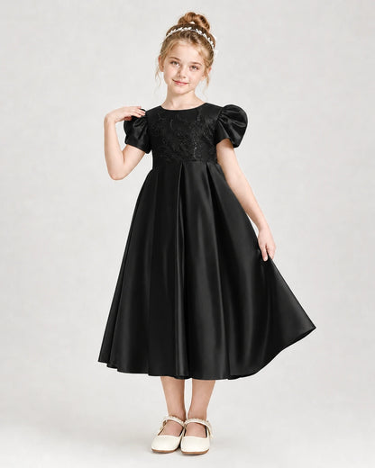 Dideyttawl Embroidered Satin Girl Formal Dress with Puff Sleeves