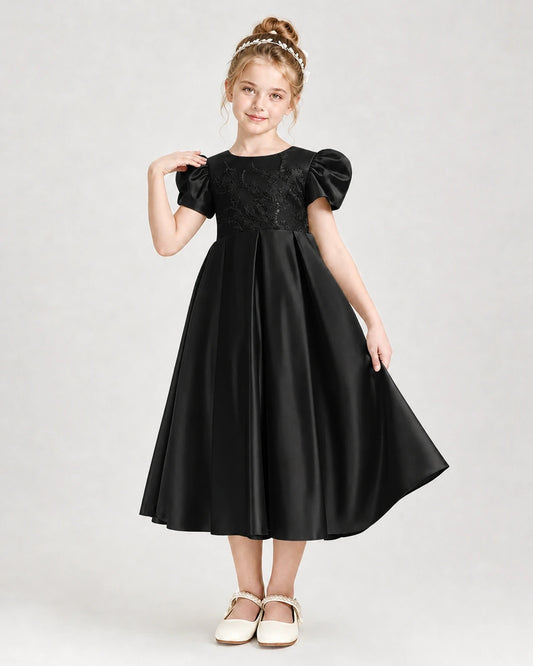 Black Satin A-Line Girls Formal Dresses Front View