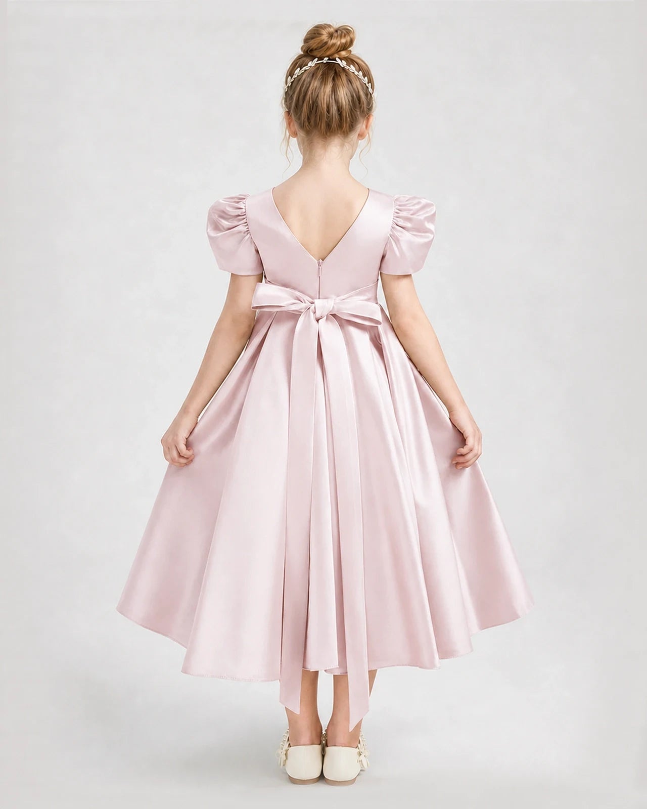 Dideyttawl Embroidered Satin Girl Formal Dress with Puff Sleeves