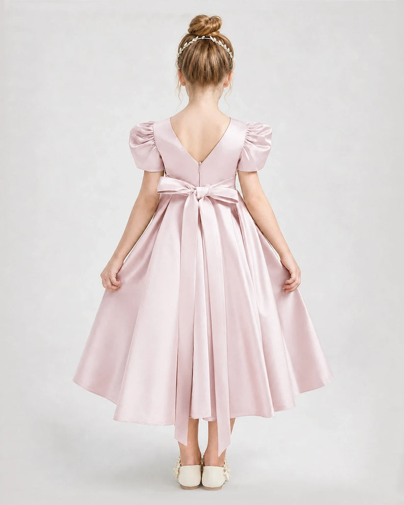 Blush Pink Satin V-Back Puffed Sleeve Girls Formal Dresses Back View