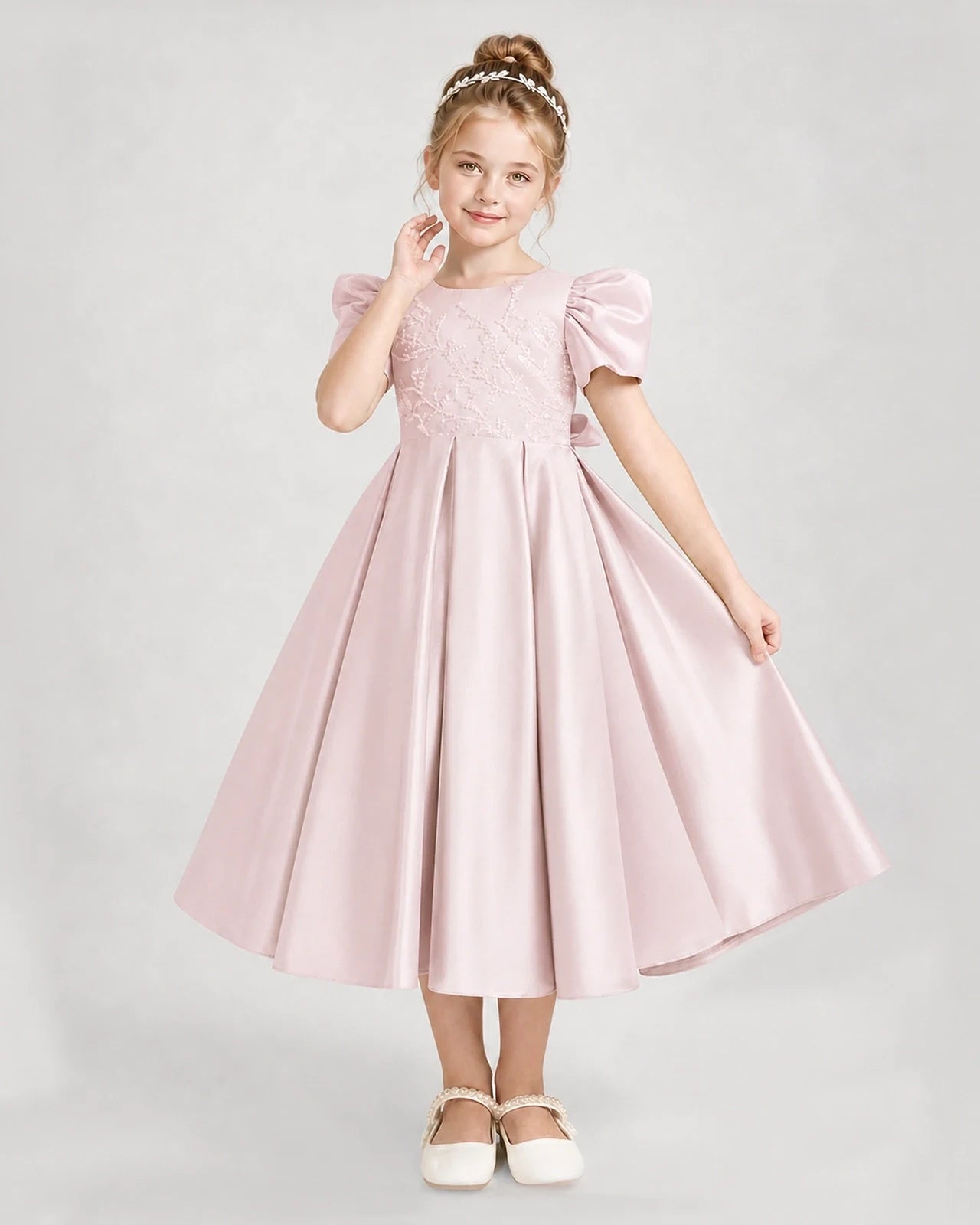Blush Pink Satin A-Line Girls Formal Dresses Front View