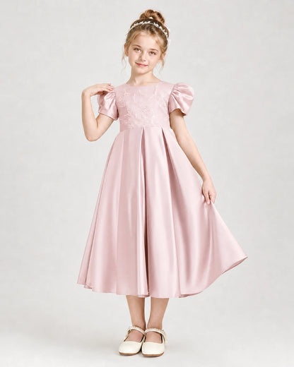 Dideyttawl Embroidered Satin Girl Formal Dress with Puff Sleeves