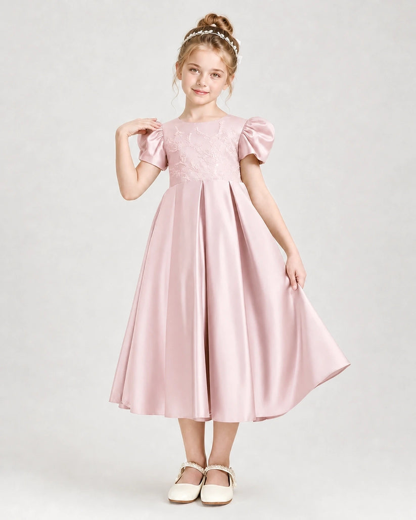 Blush Pink Satin A-Line Girls Formal Dresses Front View