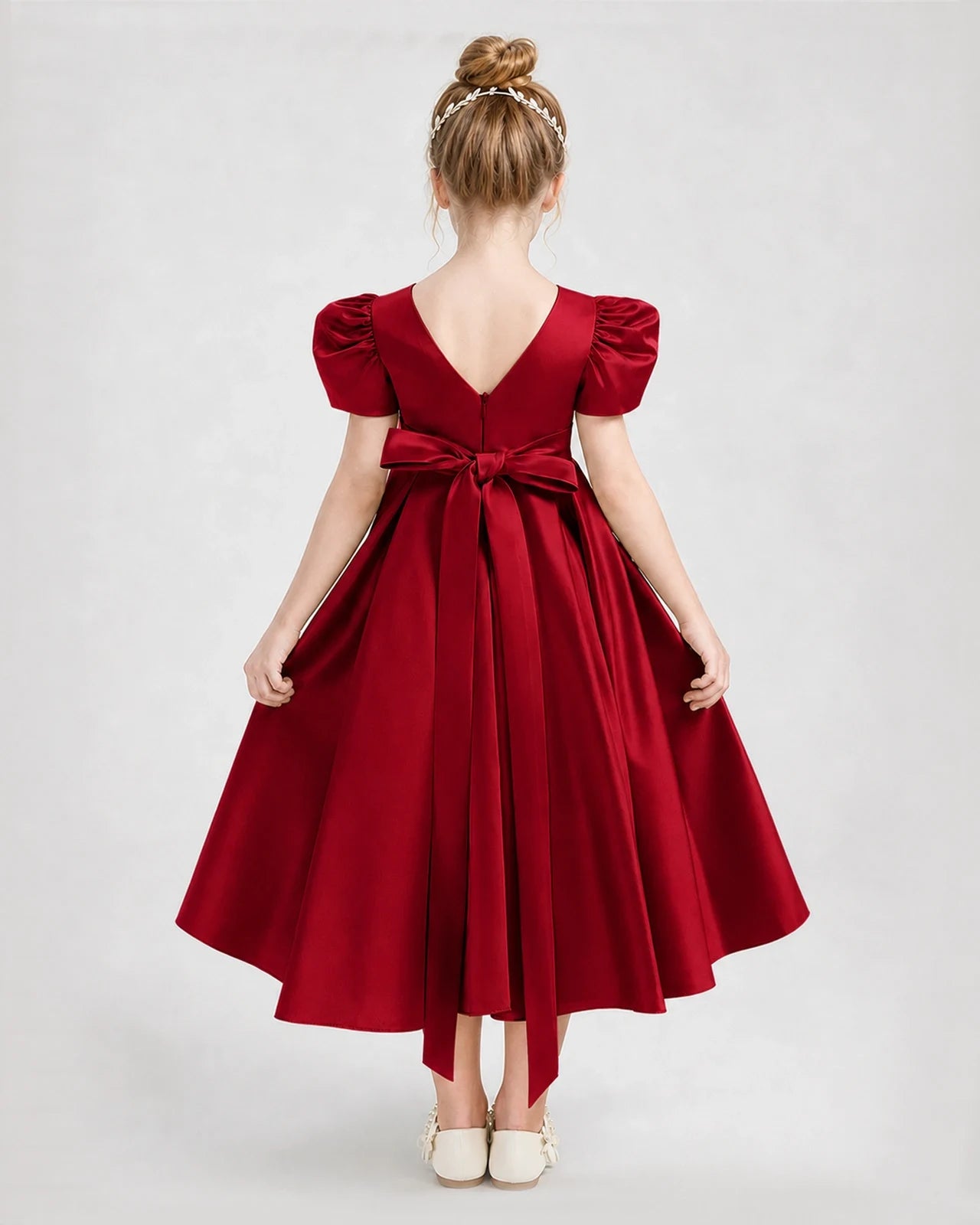 Dideyttawl Embroidered Satin Girl Formal Dress with Puff Sleeves