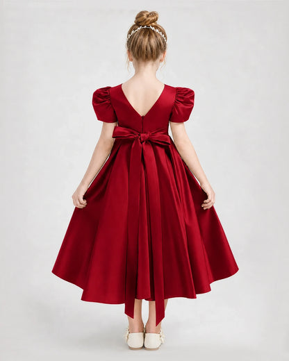 Dideyttawl Embroidered Satin Girl Formal Dress with Puff Sleeves