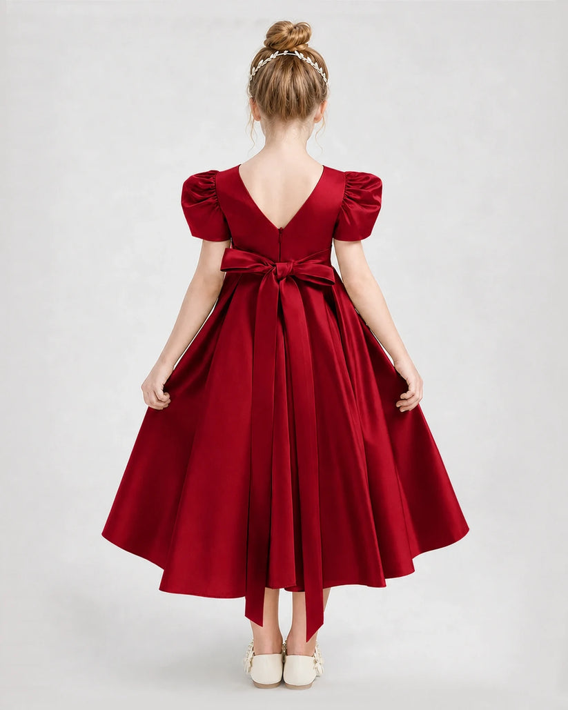 Burgundy Satin A-Line Girls Formal Dresses Back View